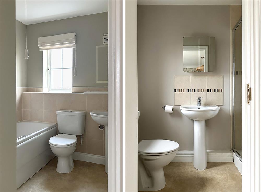 (Left) An older bathroom with brush pink wall tiles, (Right) The same bathroom, redecorated with off-white paint and a set of white, patterned tiles above the sink